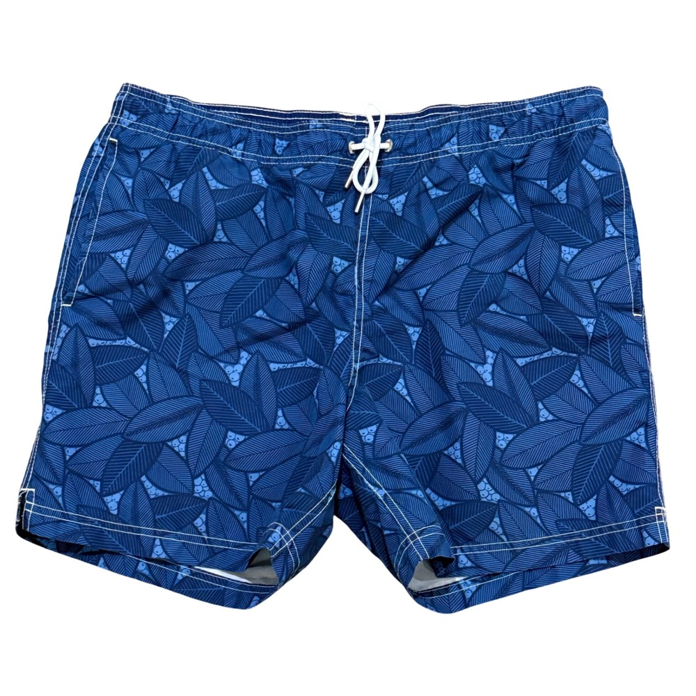 Lands End Men's Blue Leaf Print Swim Trunks Size Medium (32/34), 5.5" inseam